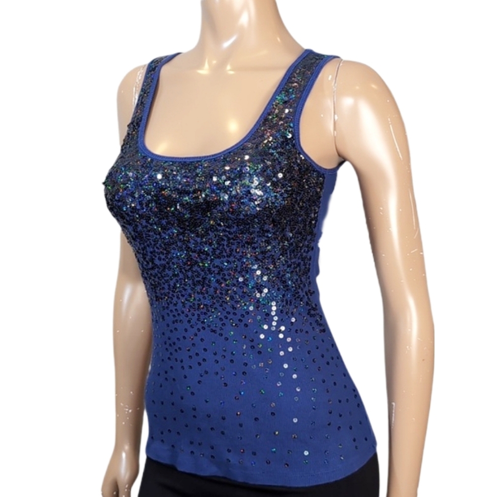 Express Tank Top Ombre Sequin Sleeveless Ribbed Knit Blue Womens Size XS